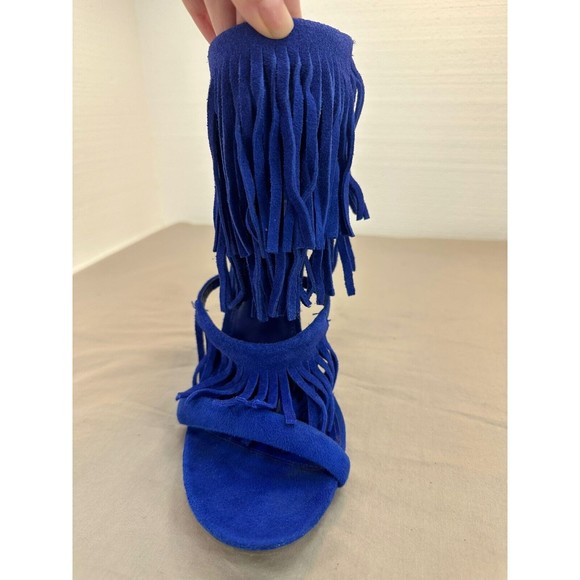 Shi by Journeys Womens KOKO Open Toe Fringe Sandal Heel Blue Size 8.5 M - Picture 2 of 11